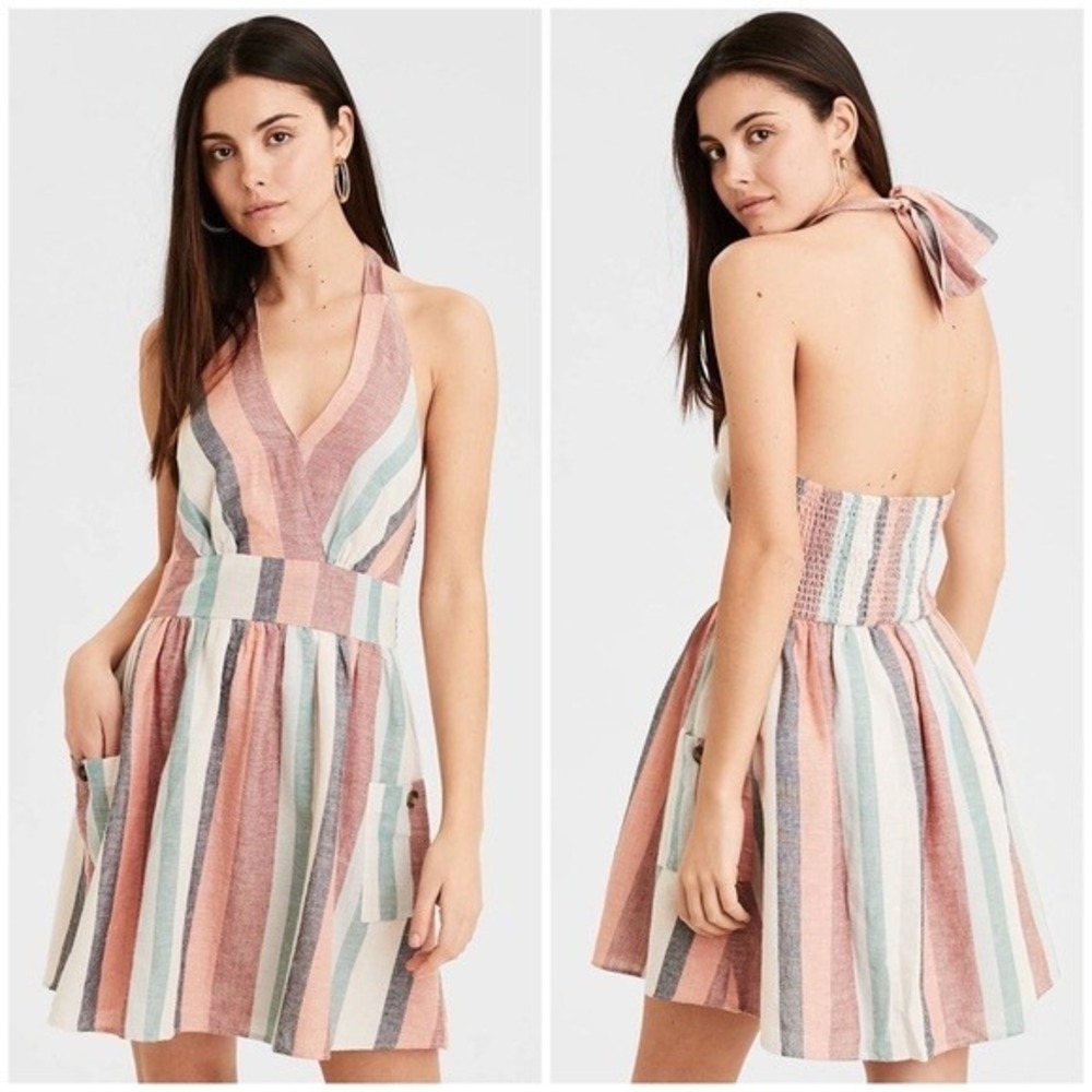 American Eagle Linen Blend Halter Striped Smocked Back Sexy Beach Mini Dress S/P